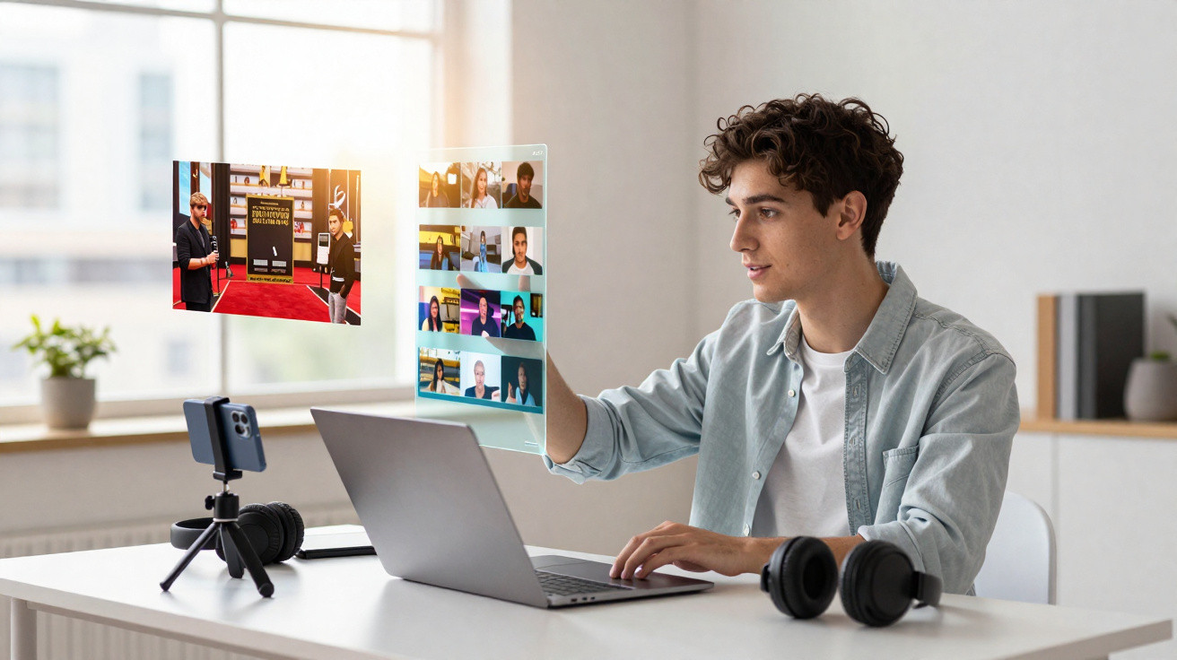 Young man interacting with virtual video call and media screens beside laptop in a bright office.