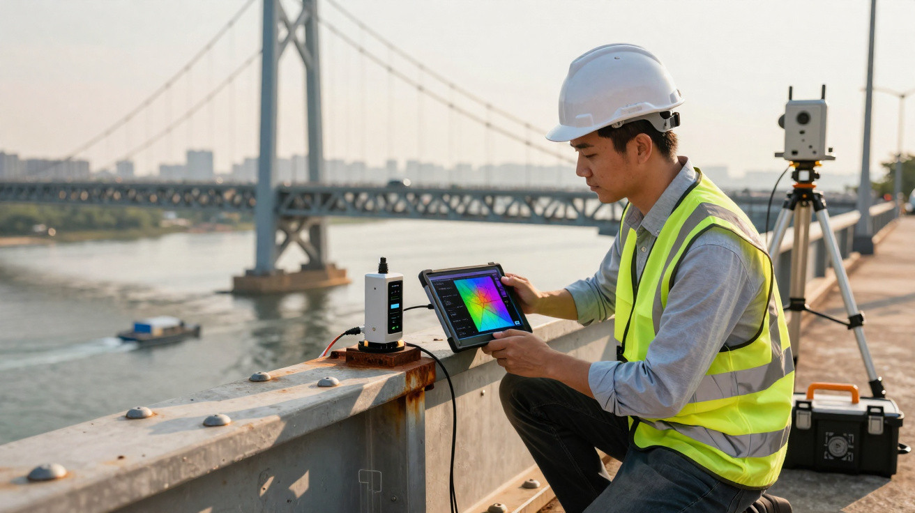 Engineer in high-visibility vest and helmet using surveying equipment by a river with a bridge in the background.