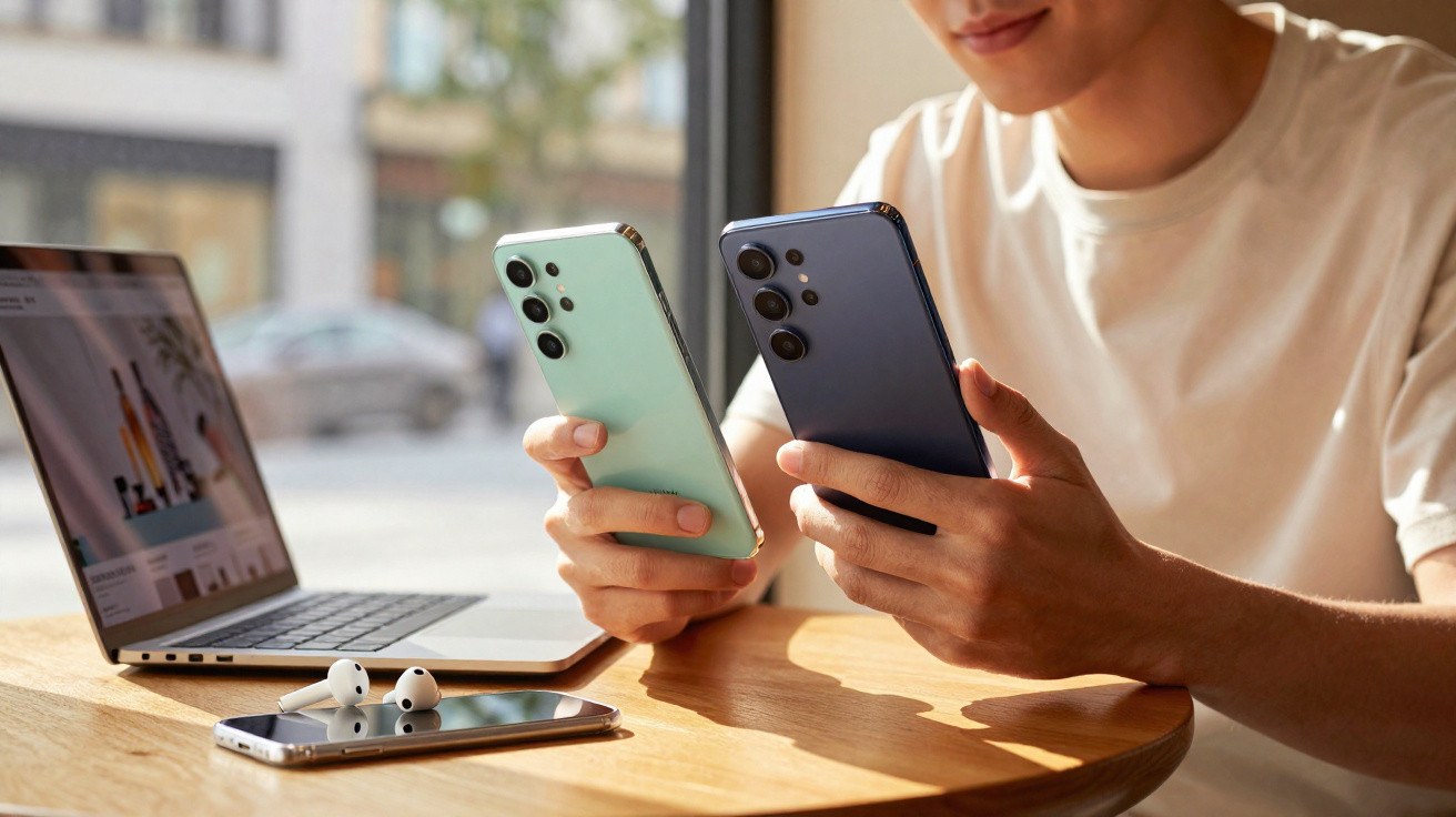 Person comparing two smartphones at a table with a laptop, second phone, and wireless earbuds in daylight.