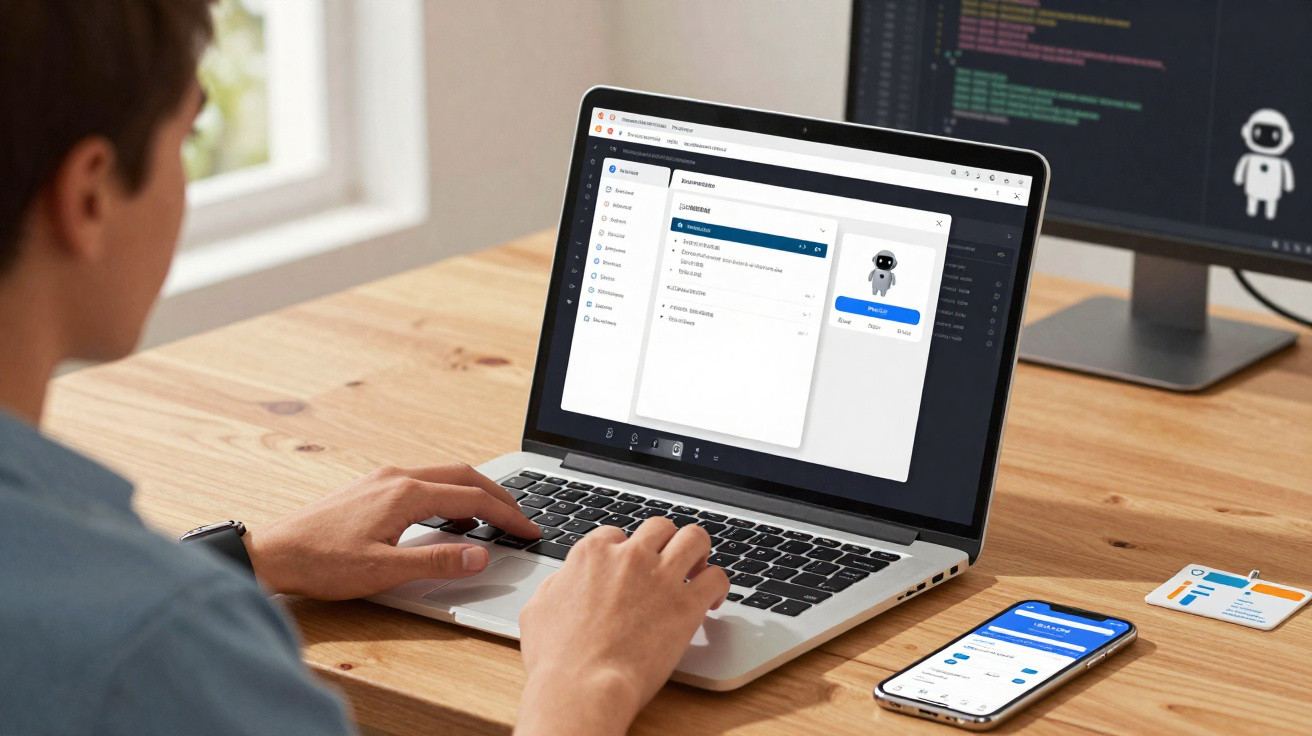 Person using laptop displaying a software interface with a robot avatar on screen at a wooden desk.
