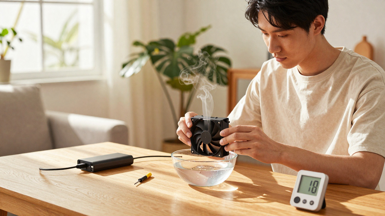 Man holding a computer fan producing steam over a bowl of water on a wooden table with a digital thermometer.