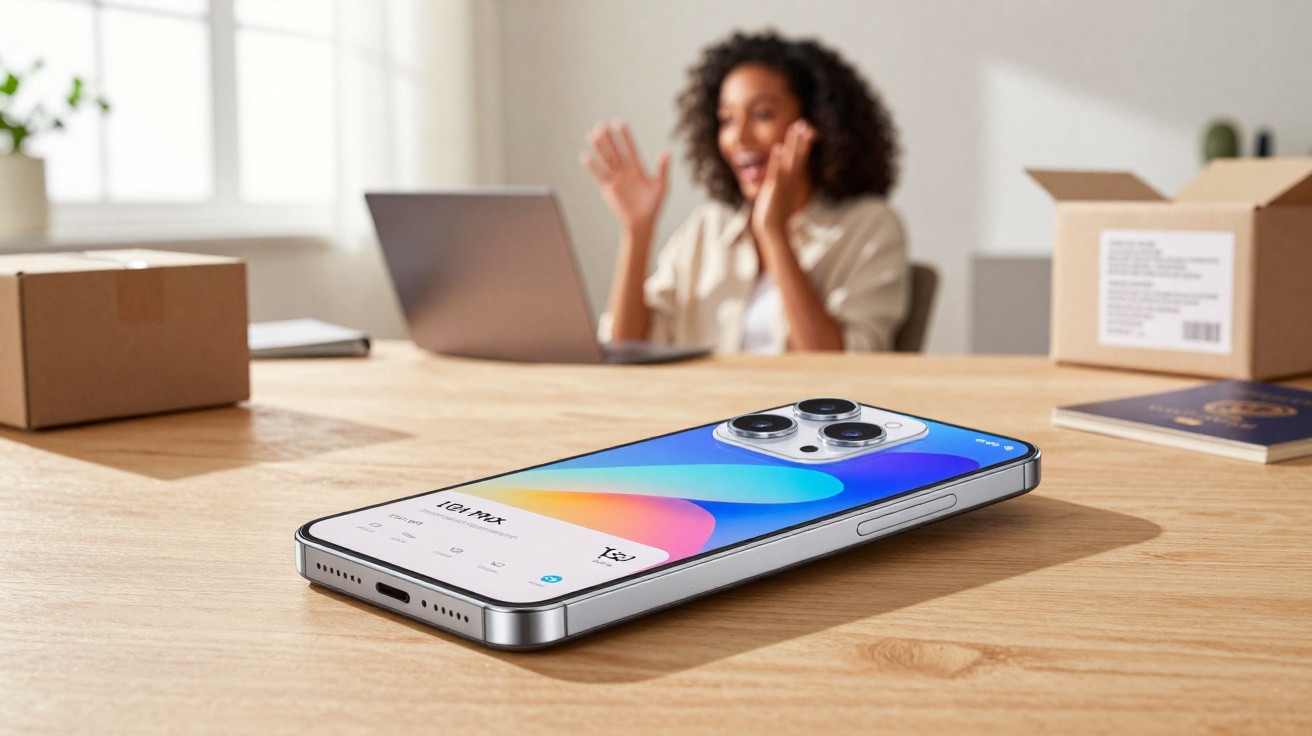 Smartphone with colourful screen placed on wooden desk with blurred woman using laptop in background.