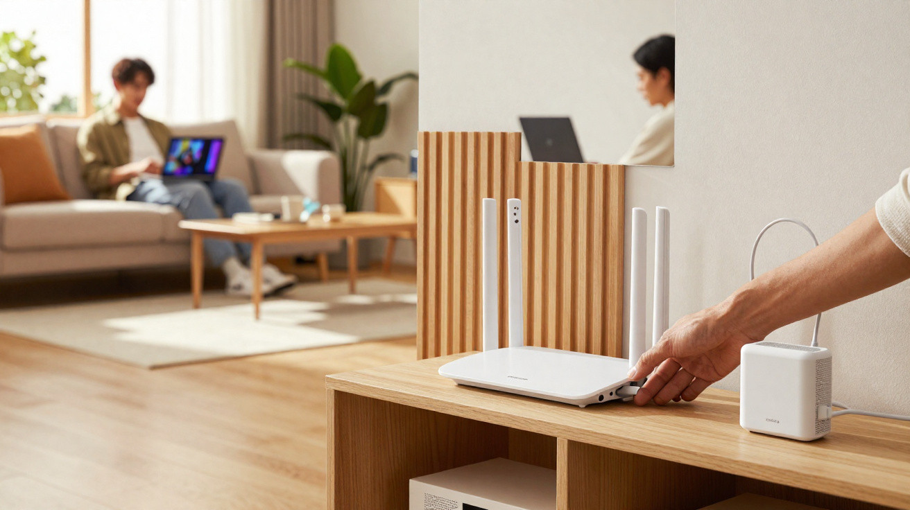 Hand plugging a cable into a white Wi-Fi router on a wooden shelf in a living room with two people using laptops.
