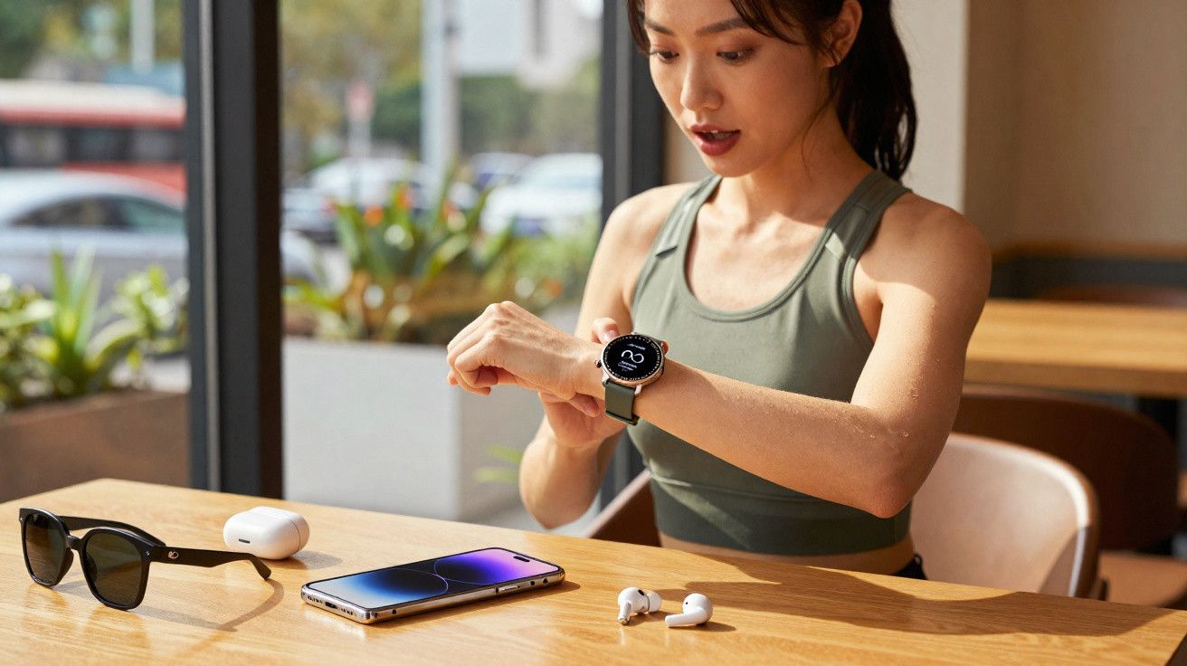 Woman in sportswear checking smartwatch while sitting at a table with smartphone, sunglasses, and earbuds near a window.