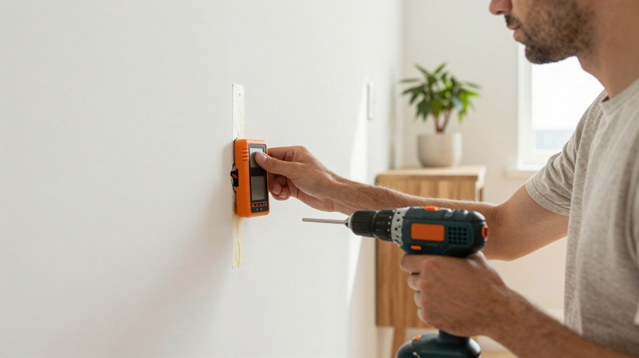 Man using a laser distance measurer and holding a cordless drill on a white wall in a bright room.