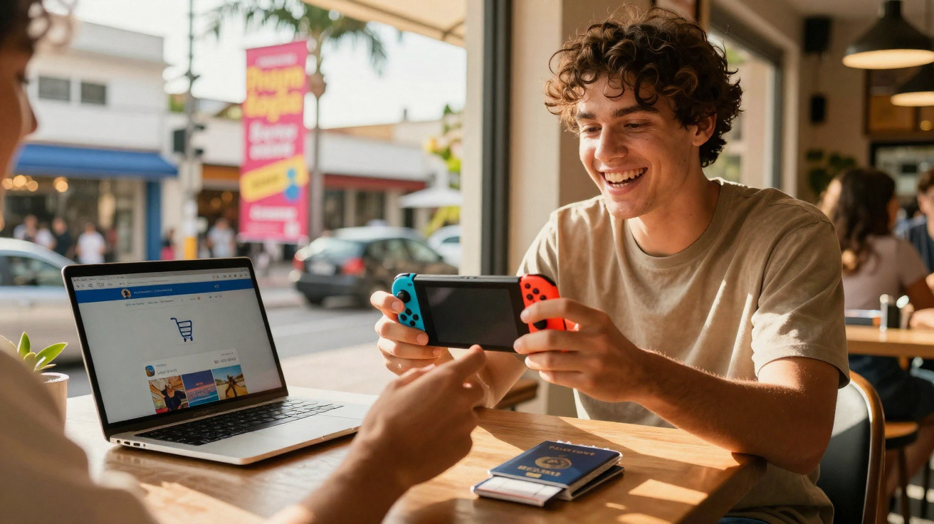 Young man smiling while holding a Nintendo Switch at a café table with a laptop and passport nearby