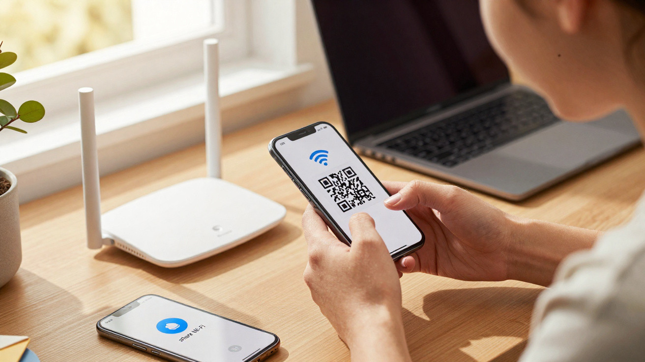 Person scanning a Wi-Fi QR code on a smartphone with a router, another phone, and a laptop on the desk.