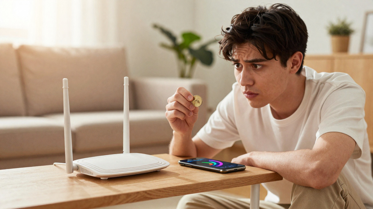 Young man sitting at a table holding a coin near a Wi-Fi router and a smartphone displaying a signal.