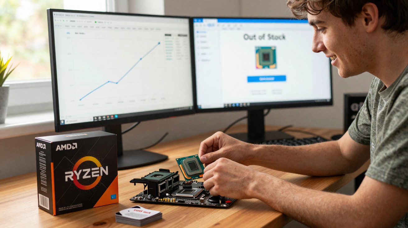Young man installing an AMD Ryzen processor on a motherboard at a desk with dual monitors showing stock and sales data.