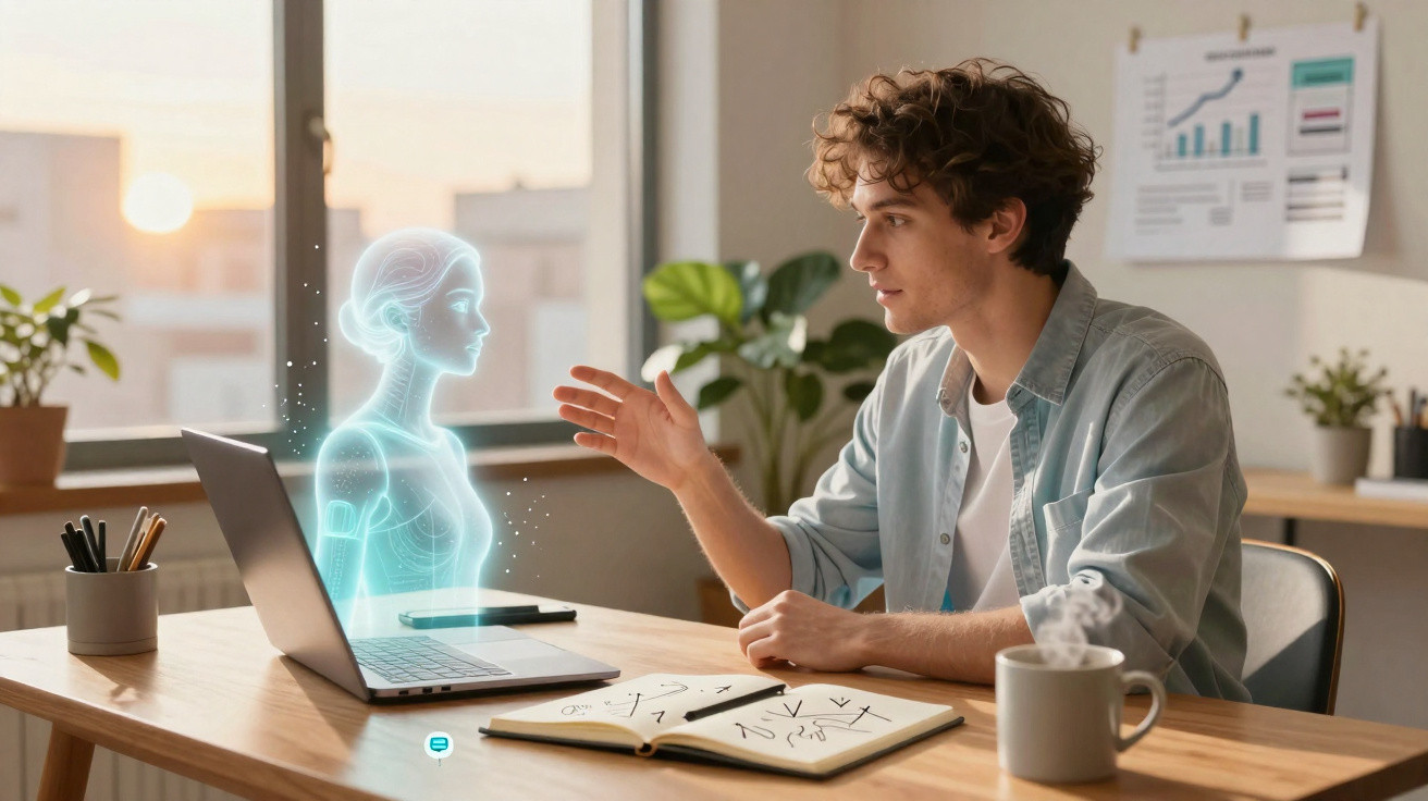 Young man interacting with a female hologram projected from a laptop in a modern home office.