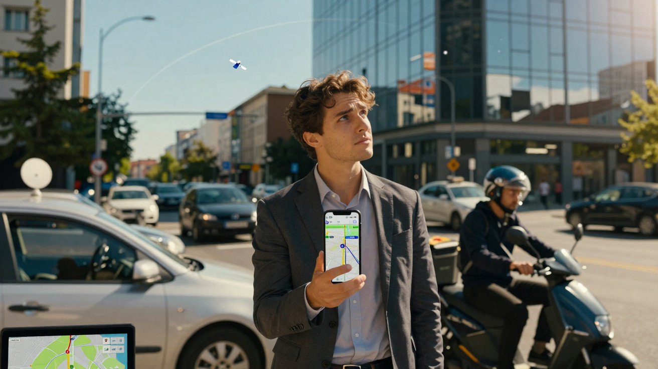 Young man in suit using a smartphone for navigation on a busy city street with vehicles and buildings behind him.