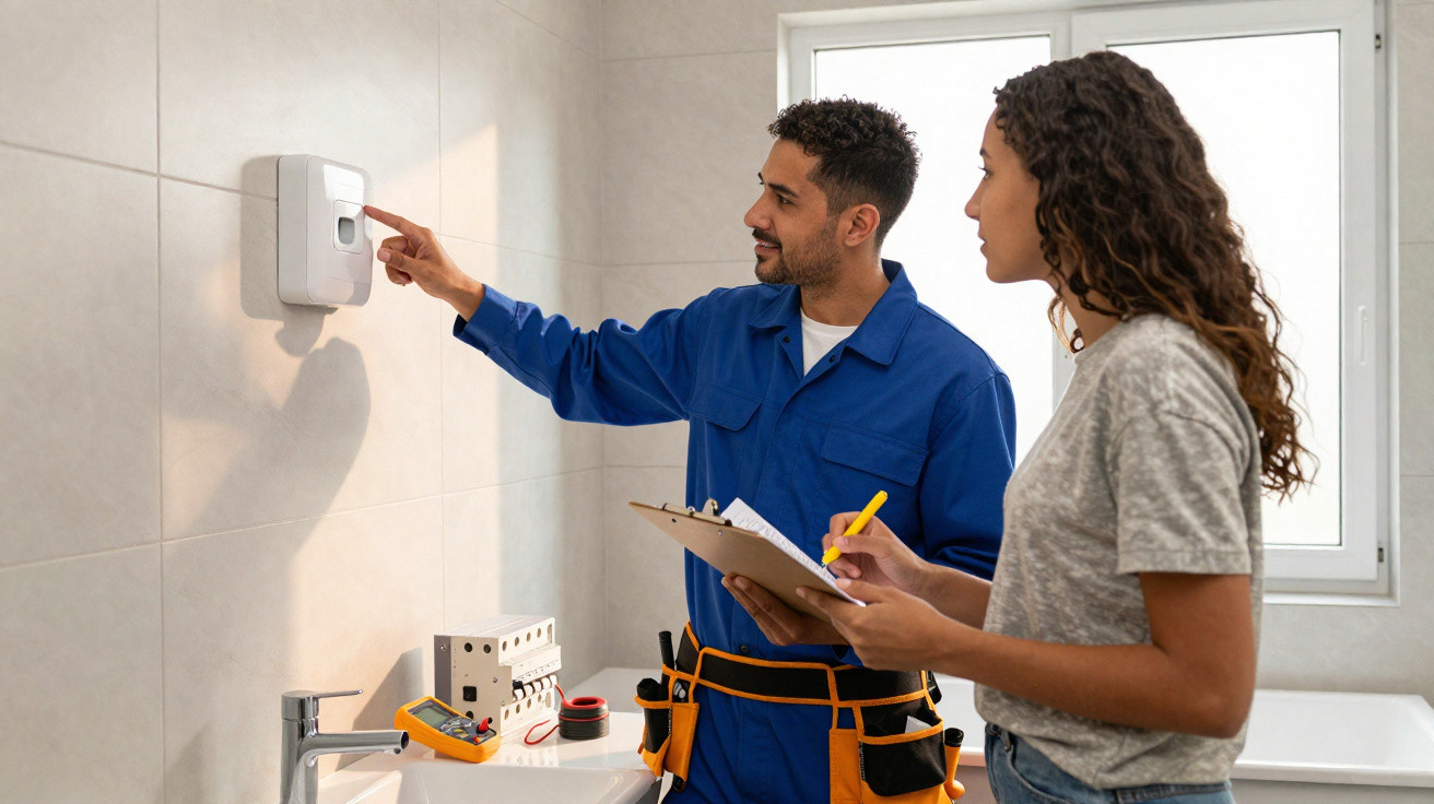 Technician in blue overalls explaining thermostat settings to woman with clipboard in bathroom with tools.