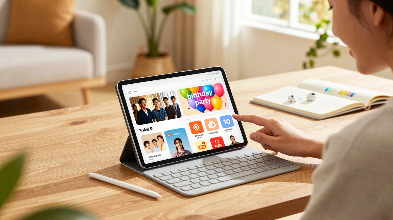 Person using a tablet with keyboard on a wooden desk, browsing a colourful app interface showing photos and a birthday party 