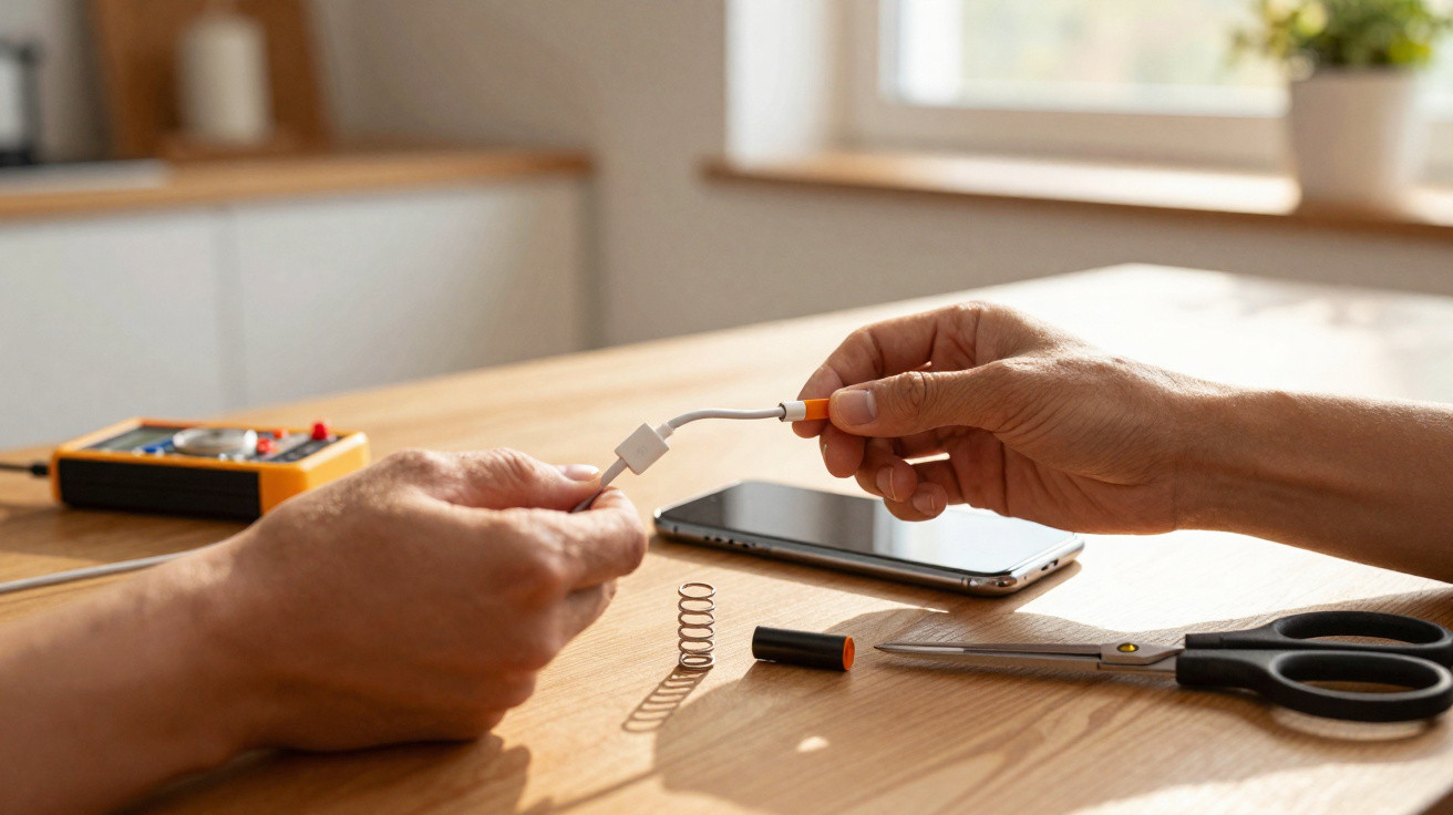 Two hands repairing a white charging cable on a wooden table with a phone, scissors, spring, and battery nearby.