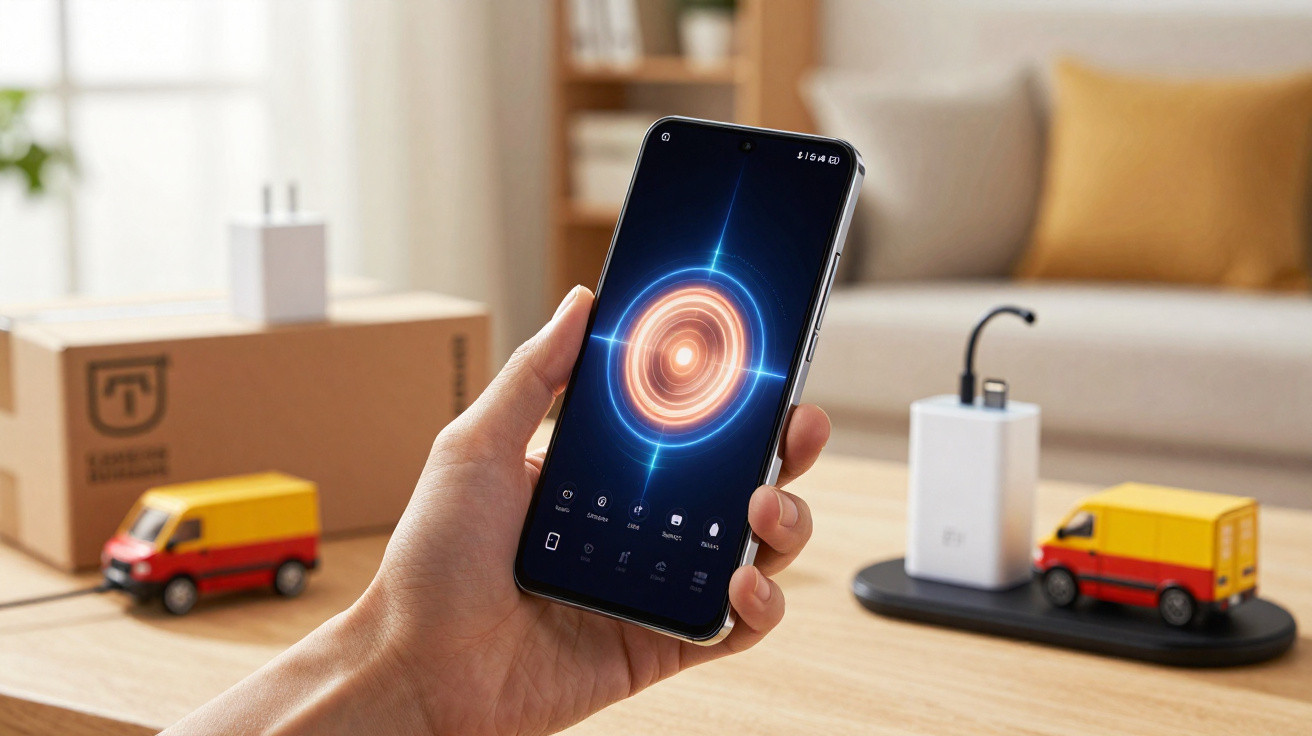 Hand holding a smartphone displaying wireless charging animation with mini toy delivery vans on a table.
