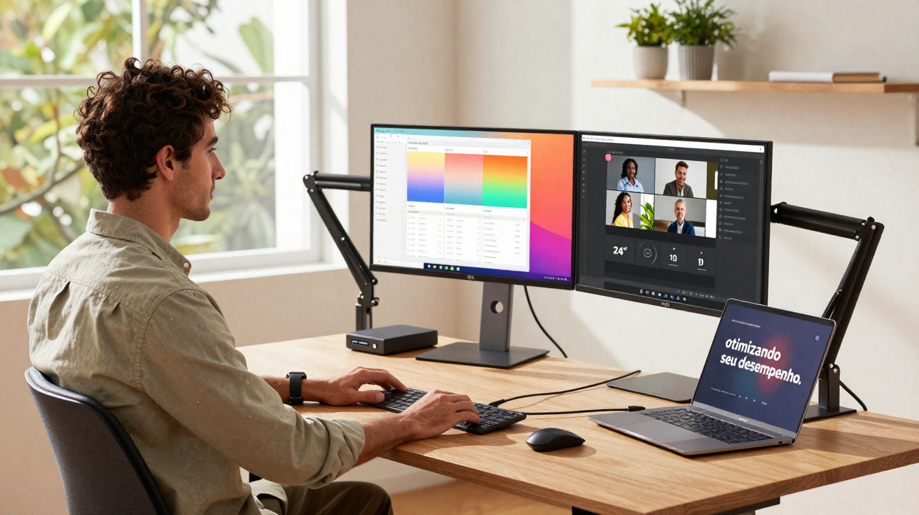 Man working at a desk with dual monitors and a laptop in a bright, modern home office.