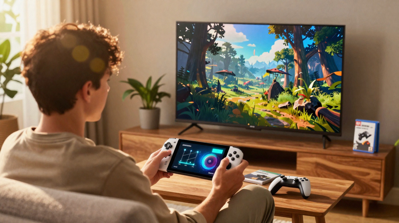 Person playing a video game on a handheld console in a living room with a colourful forest scene on the TV.