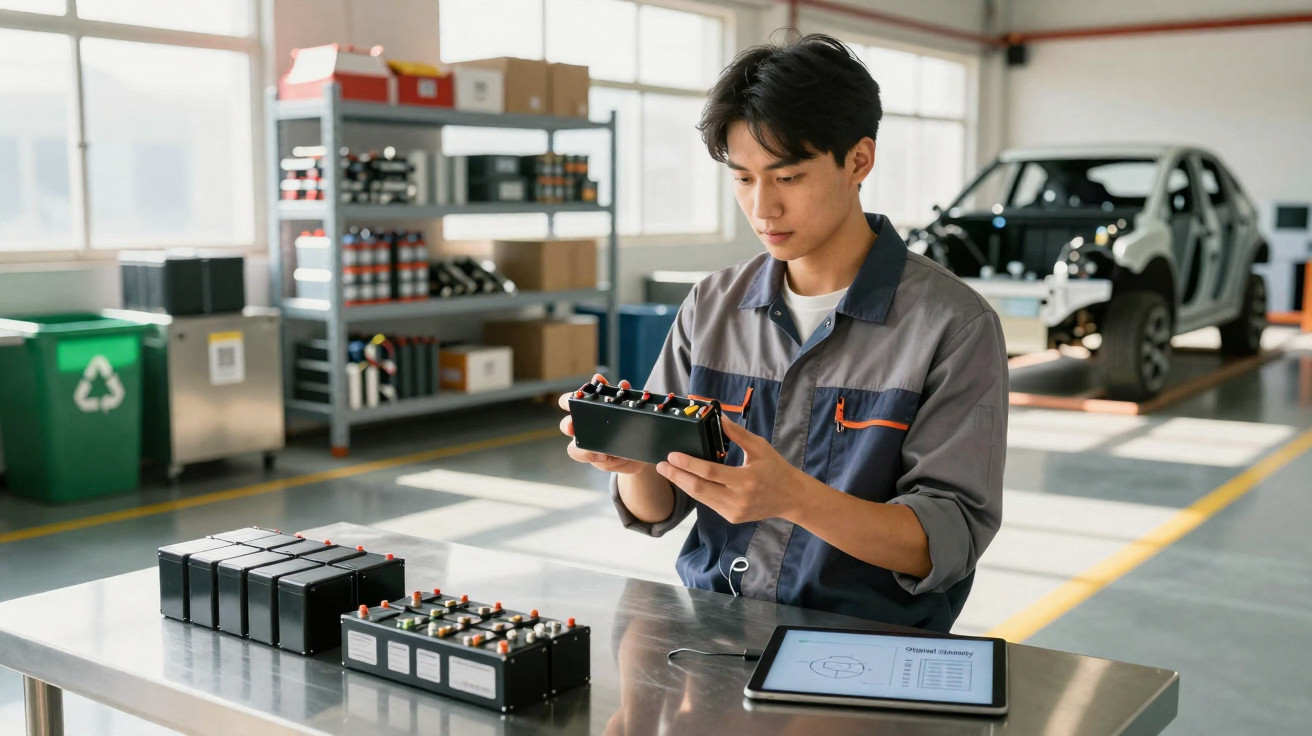 Engineer inspecting battery cells at a workshop table with electric car in the background and tablet on the table.