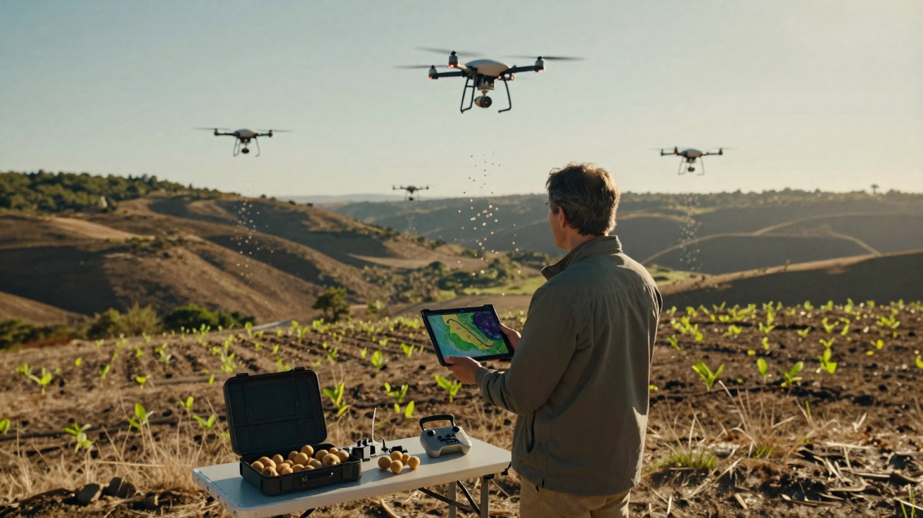 Man using tablet to control drones dispersing seeds over a rural field with hills in the background.