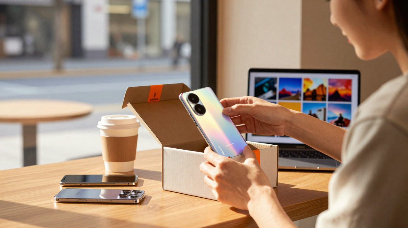 Person unpacking a new smartphone at a wooden table with a laptop, coffee cup, and two other phones nearby.