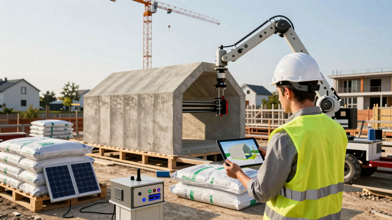 Construction worker in high-visibility vest using tablet to control robotic arm printing a concrete house structure.