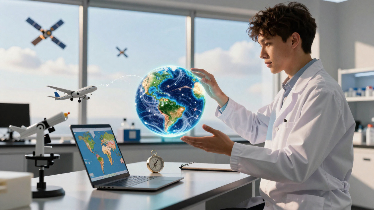 Scientist in lab coat interacts with digital globe, laptop showing world map, with microscope and clock nearby.