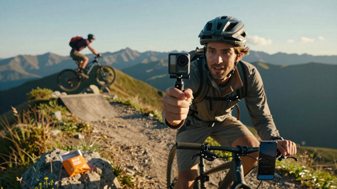 Mountain biker holding an action camera on a trail while another biker jumps in the background.