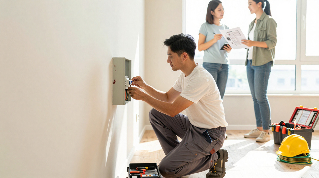 Electrician fixing wiring in a wall box while two women discuss plans in a bright room with tools nearby.