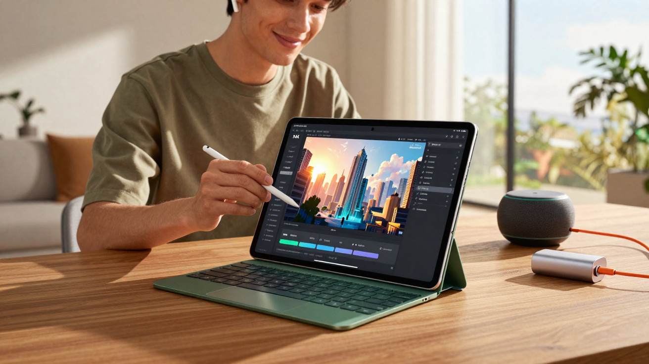 Person using stylus on tablet with keyboard, editing a vibrant cityscape image on a wooden table.