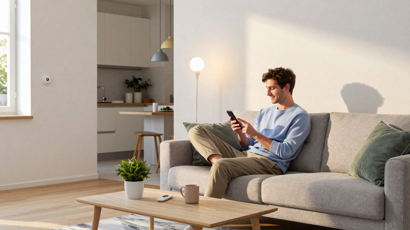 Man sitting on sofa using smartphone in a bright, modern living room with a coffee table and kitchen in background