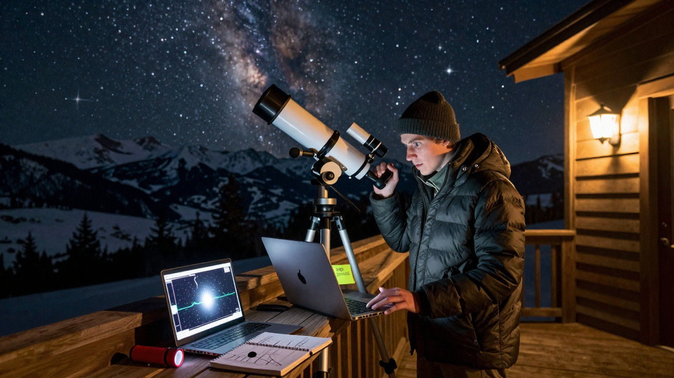 Person using a telescope and laptops on a snowy balcony under a star-filled night sky with mountains in the background.