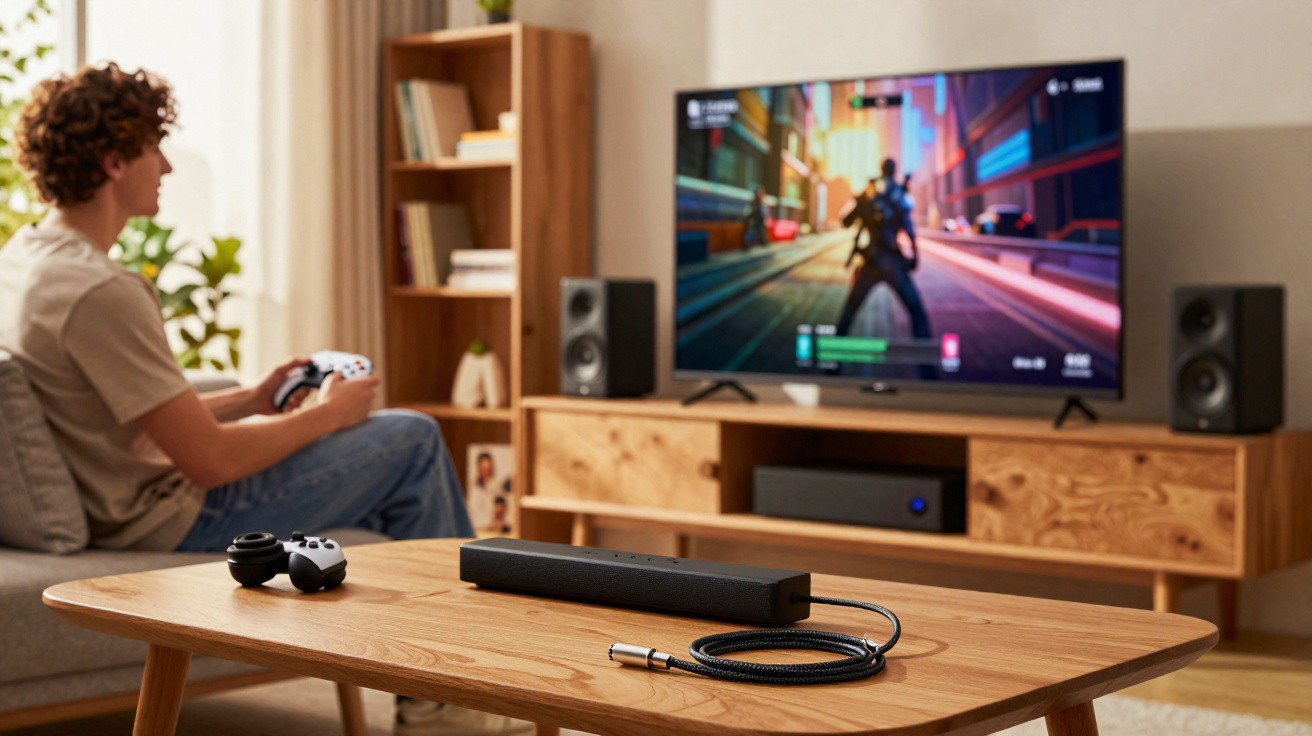 Young man playing video games on a TV with a game controller in a cosy living room.