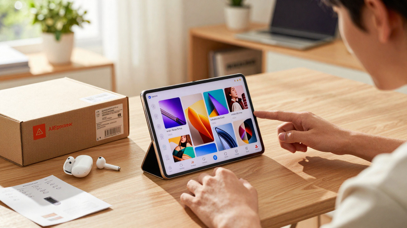 Person browsing a tablet displaying colourful images on a wooden desk with wireless earbuds and packaging box.
