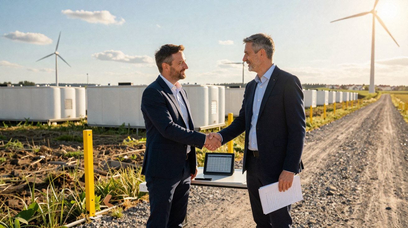 Two men in suits shaking hands near wind turbines and energy equipment on a sunny day in a field.