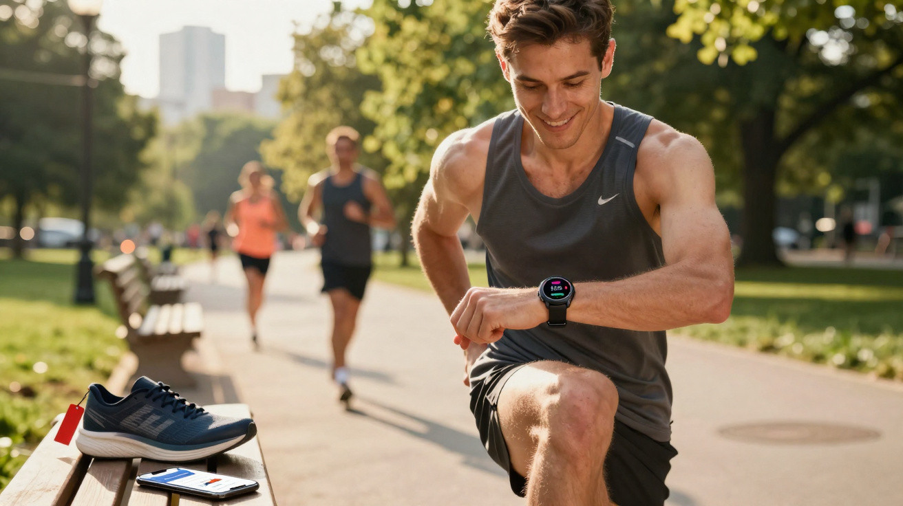 Man stretching leg and checking smartwatch during a run in a park on a sunny day with runners in background.