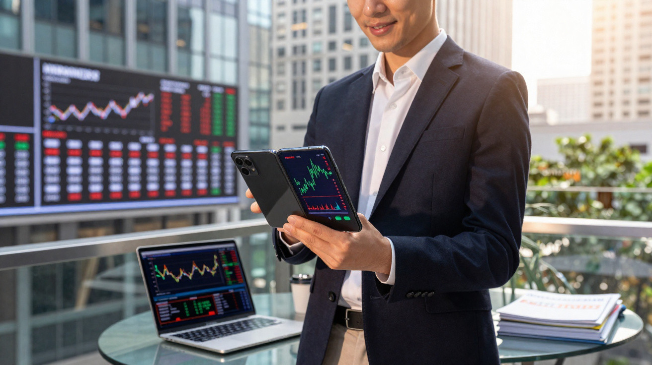 Businessman in suit checking stock market data on smartphone and laptop at outdoor office balcony.
