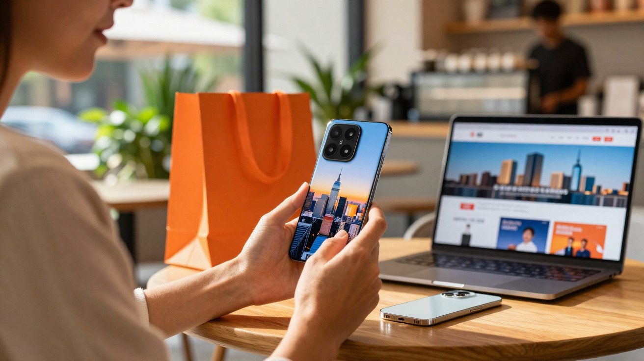 Person holding a smartphone with a cityscape image, laptop and phone on a wooden table in a cafe.