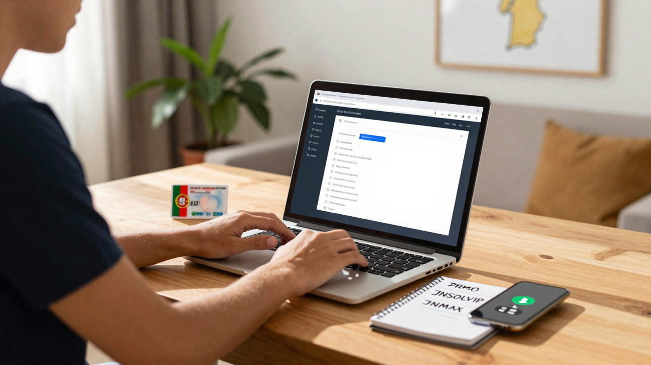 Person using a laptop on a wooden table with an ID card, phone, and notebook nearby in a home setting.