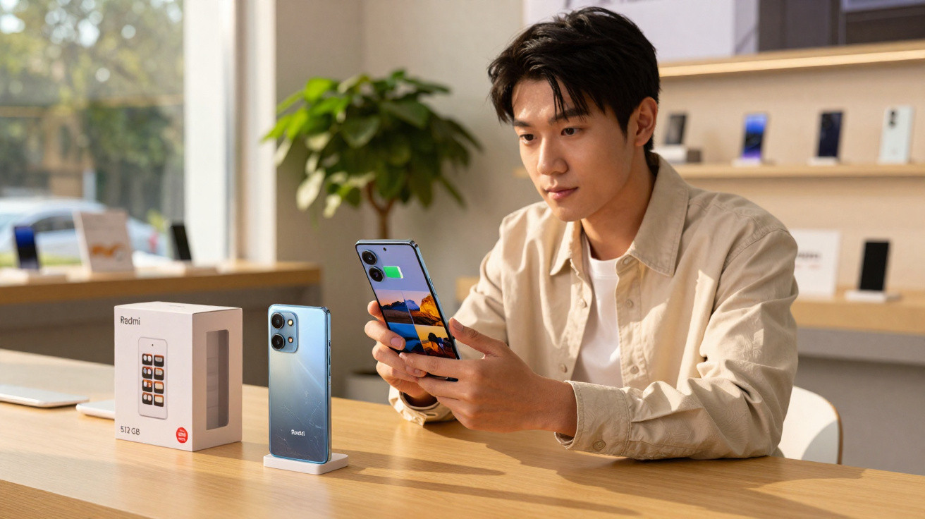 Young man holding a charging smartphone at a wooden table with another phone and Redmi box on display.