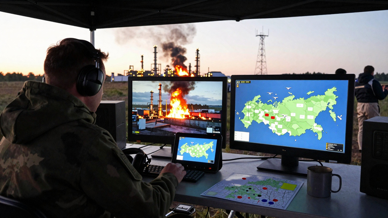 Person in military gear monitoring a fire at an industrial plant on multiple screens during sunset outdoors.