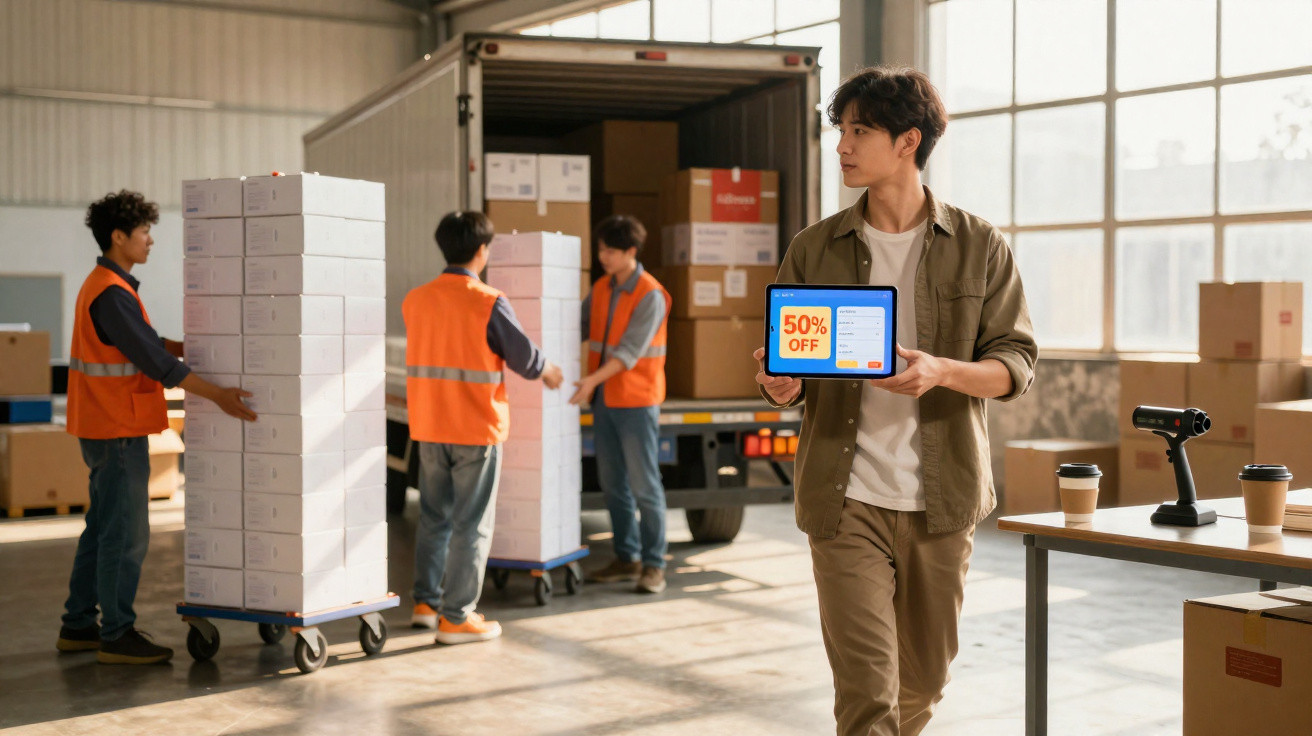 Man holding tablet showing 50% off while three workers in orange vests move stacked boxes in warehouse.