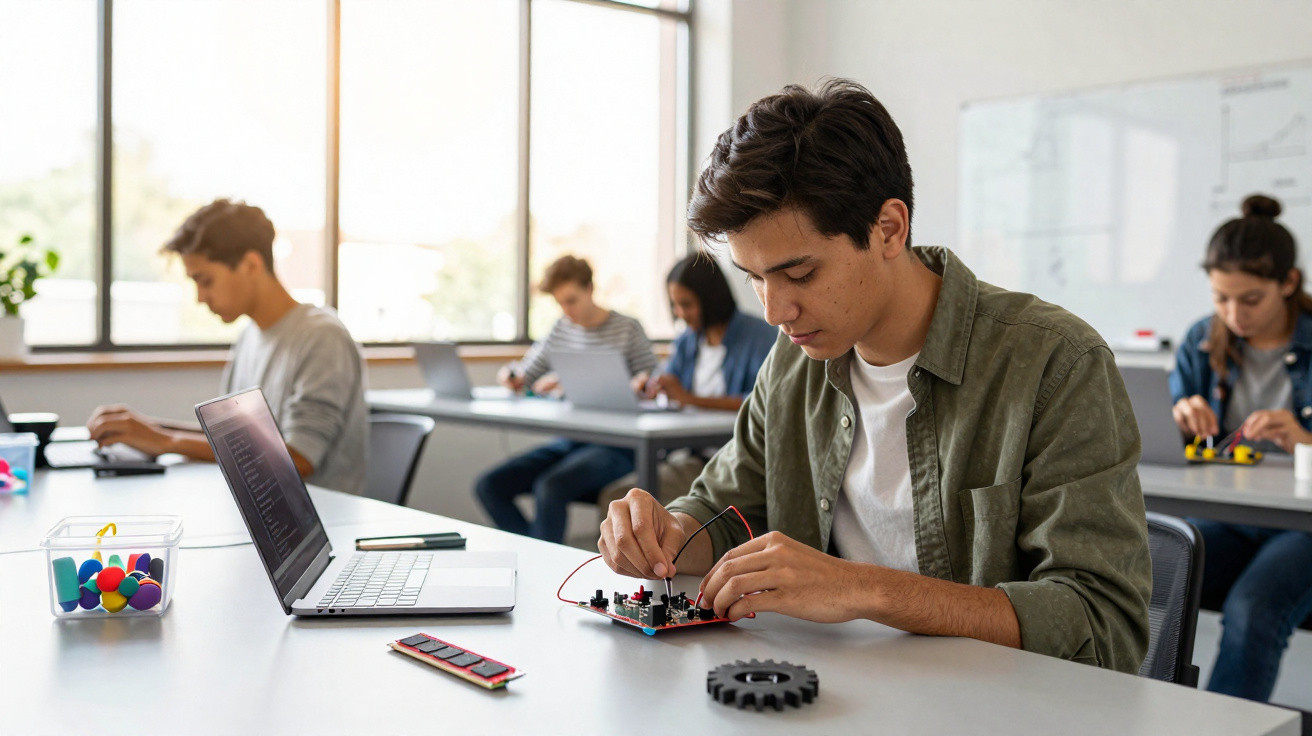 Teenage students working on electronics and robotics projects in a bright classroom with laptops and tools.