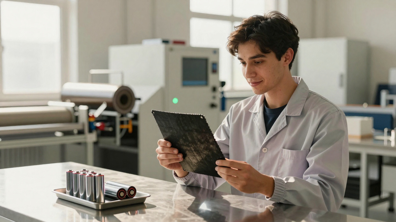 Young male scientist in lab coat examining solar panel sample in a bright laboratory setting.