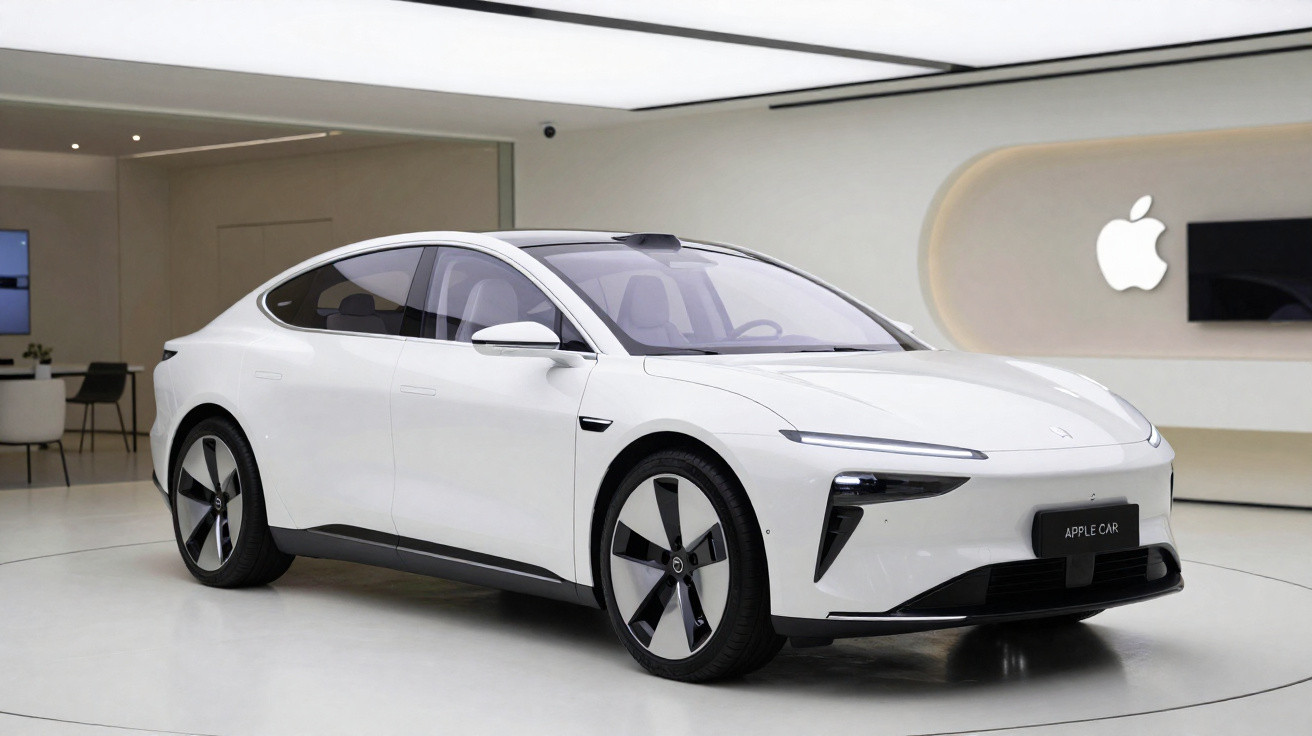 White electric sedan displayed in a modern showroom with an Apple logo on the wall behind it.