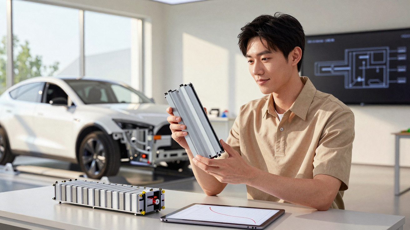 Engineer examining electric car battery prototype in bright workshop with car and blueprint in background