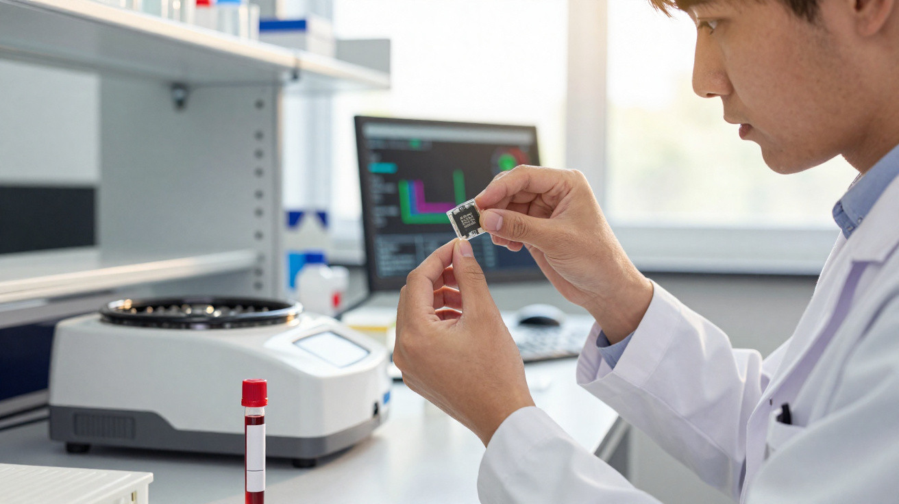 Scientist in a lab coat examining a small microchip with lab equipment and a computer screen in the background.