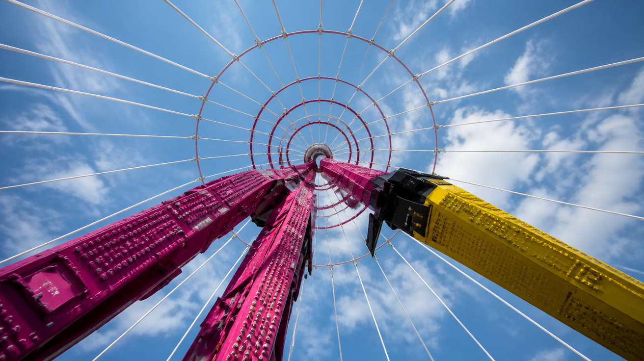 View looking up at a red and yellow metal structure with cables radiating against a blue sky with clouds