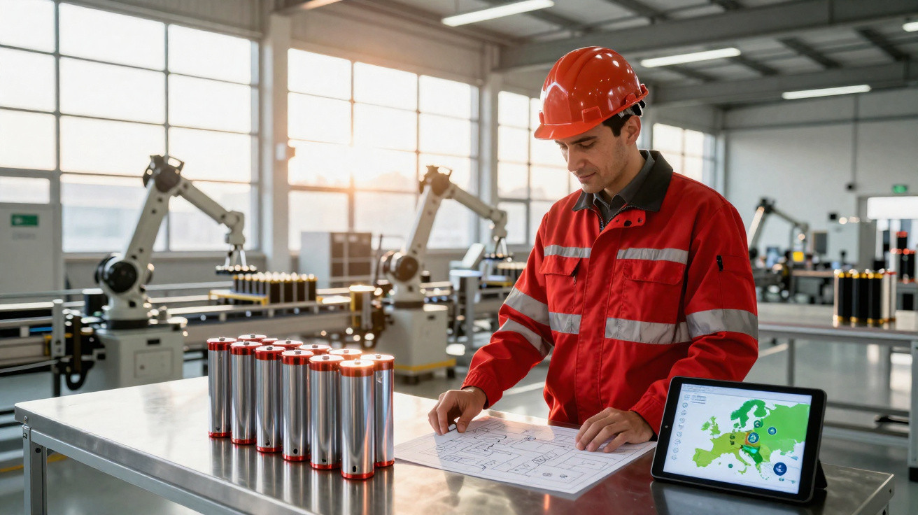 Engineer in red safety gear reviews plans in factory with metal cylinders and tablet showing map of Europe.