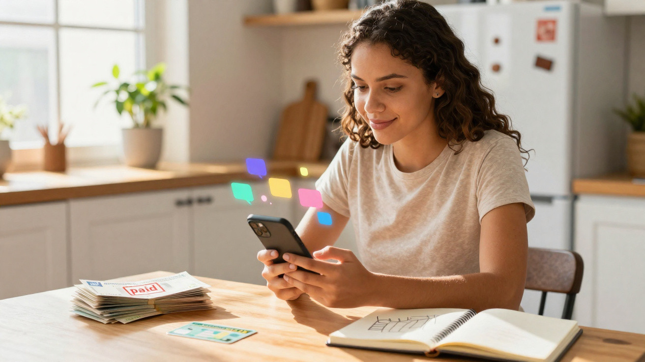 Woman using smartphone at table with paid bills, credit card, and open planner in bright kitchen.
