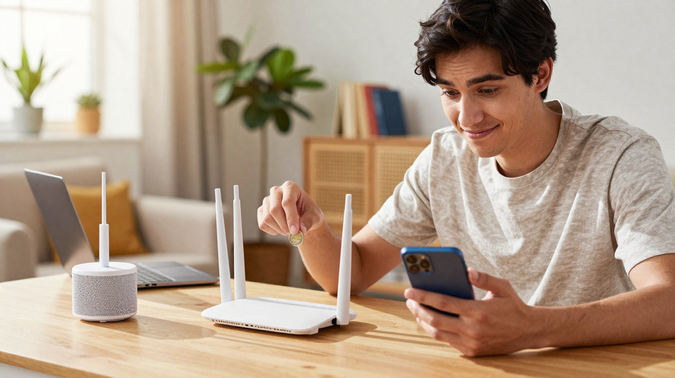 Young man inserting a coin into a Wi-Fi router while holding a smartphone at a wooden table.